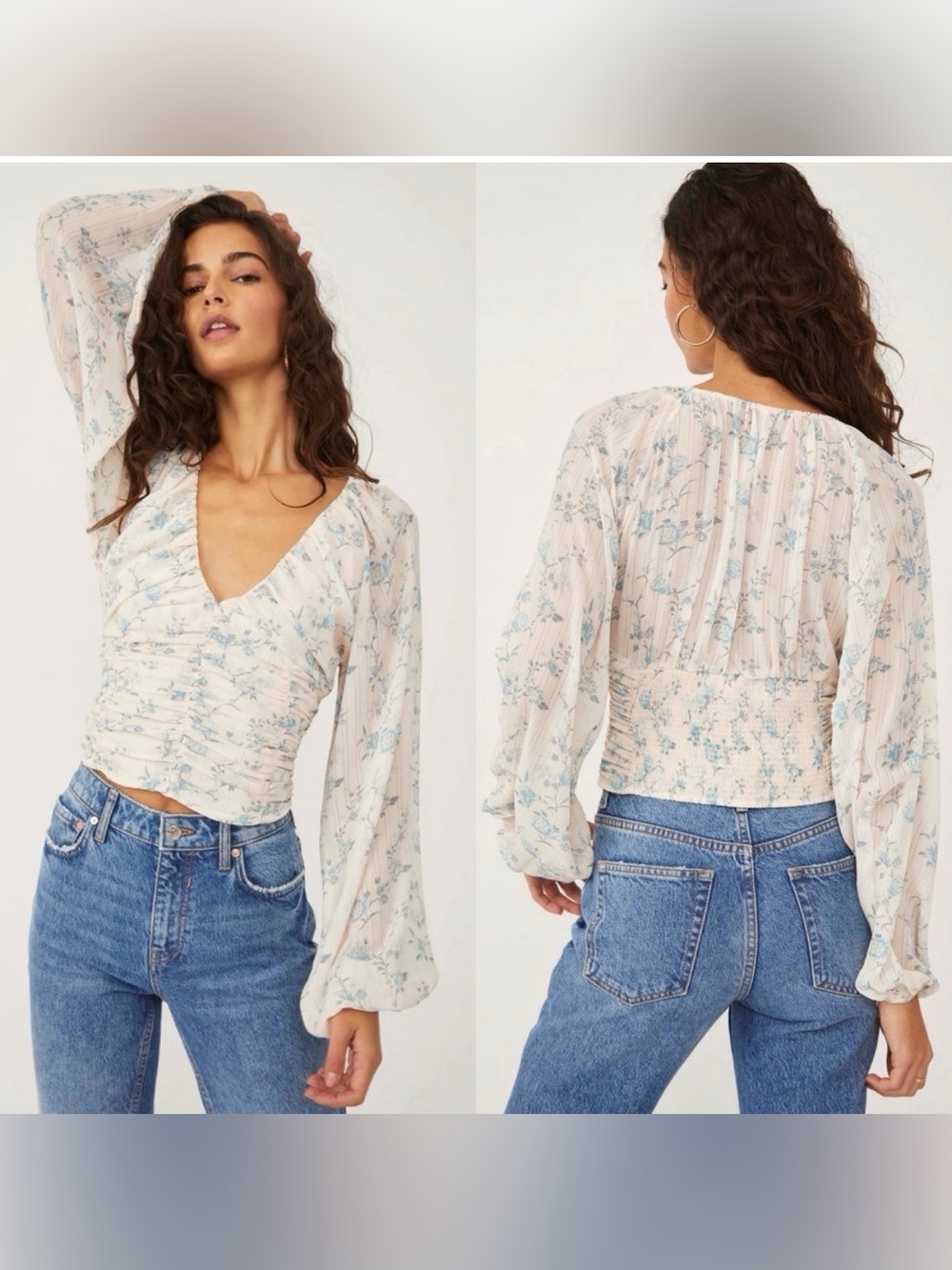 Free People Final Rose Blouse in Vintage Combo Cream Blue Size XS